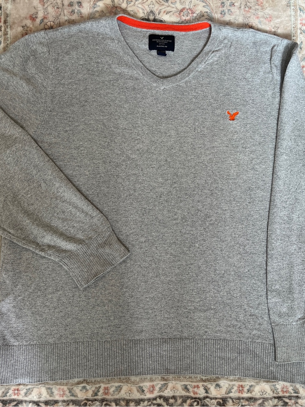 American Eagle Outfitters Gray V-Neck Sweater with Orange Logo Trim